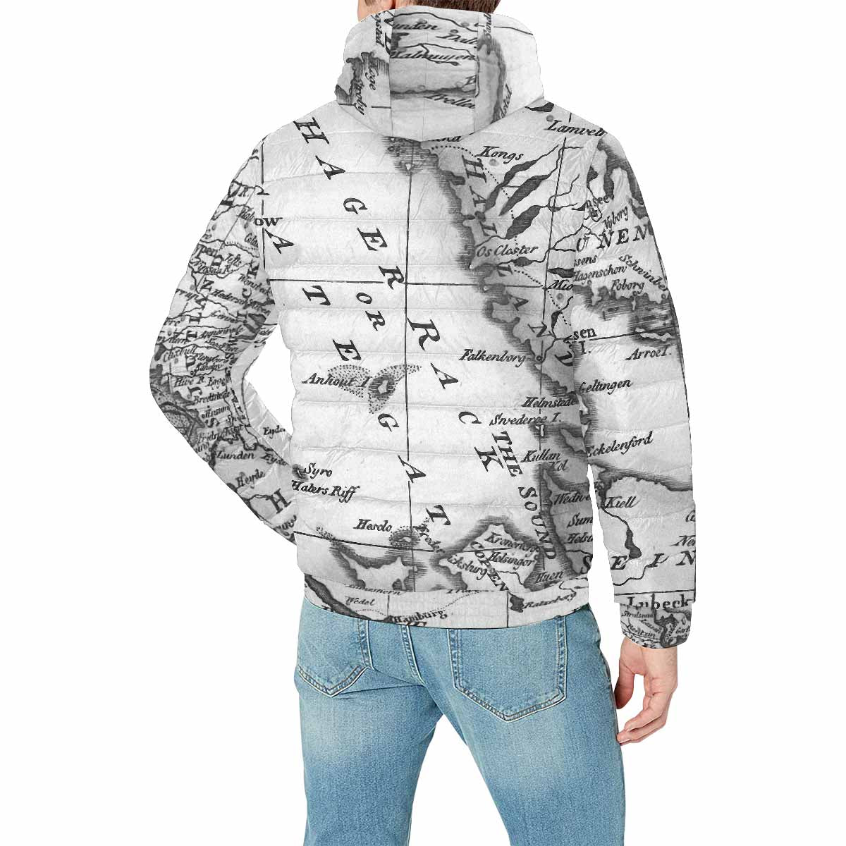 Antique Map design, mens lightweight, warm, quilted hooded bomber jacket, design, 32