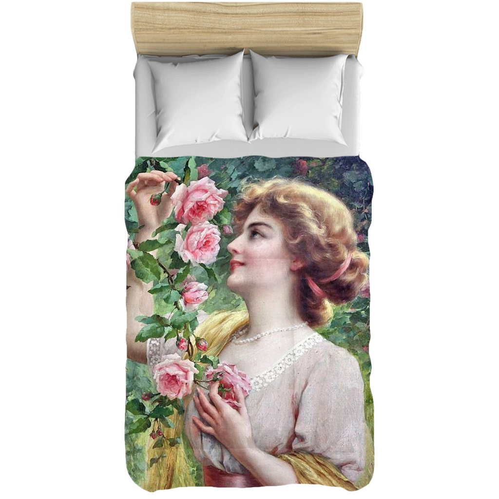 Victorian lady design comforter, twin, twin XL, queen or king, lady picking pink rose