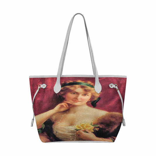 Victorian Lady Design Handbag, Model 1695361, Elegant Lady With A Yellow Rose, WHITE TRIM