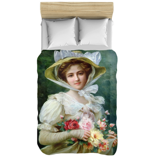 Victorian lady design comforter, twin, twin XL, queen or king, Elegant Lady with a Bouquet of Roses 1