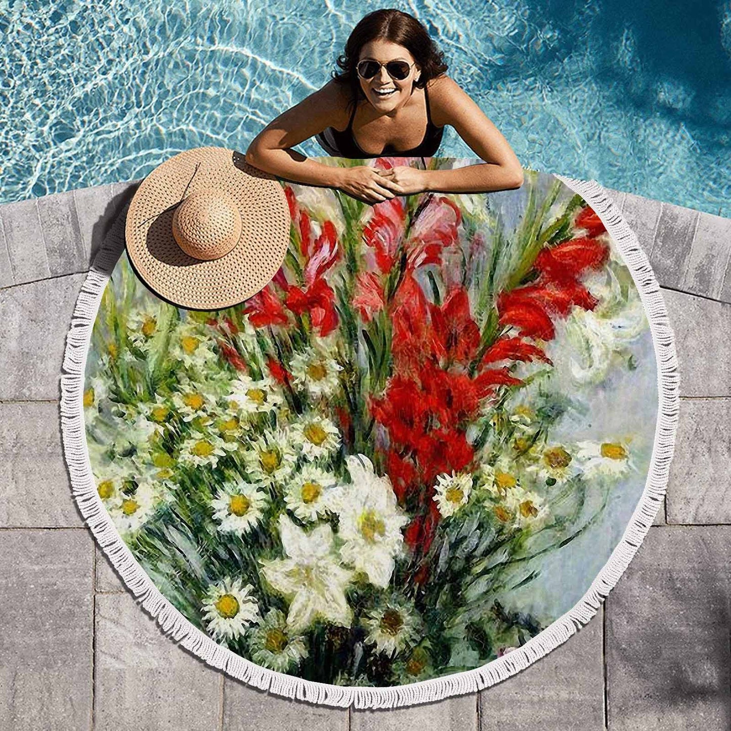Vintage Floral circular plush beach towel, fringe edges, Design 43