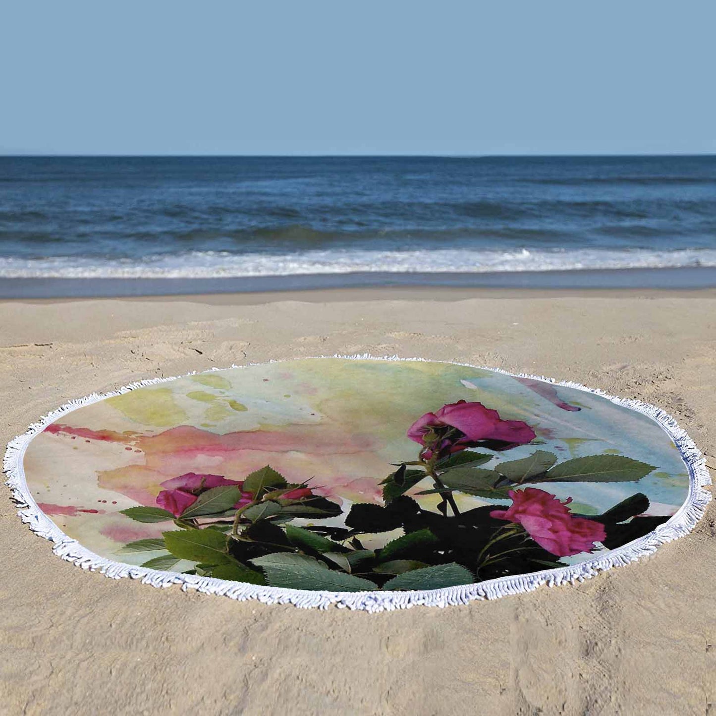 Vintage Floral circular plush beach towel, fringe edges, Design 21