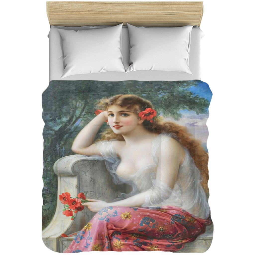 Victorian lady design comforter, twin, twin XL, queen or king, Young Beauty with Poppies