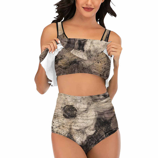 Vintage floral high waisted flounce top bikini, swim wear, Design 16