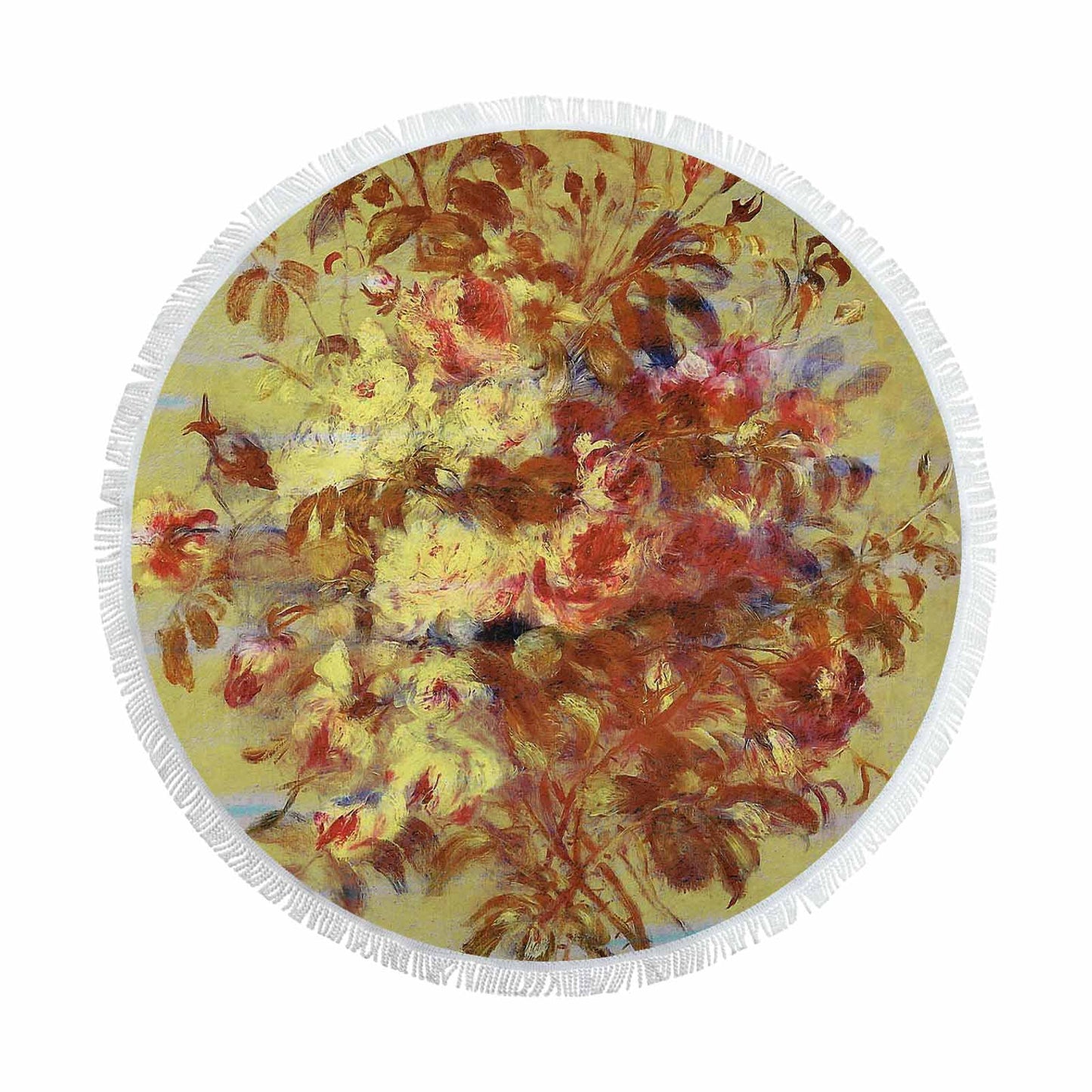 Vintage Floral circular plush beach towel, fringe edges, Design 11