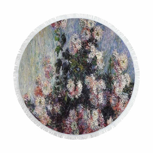 Vintage Floral circular plush beach towel, fringe edges, Design 44