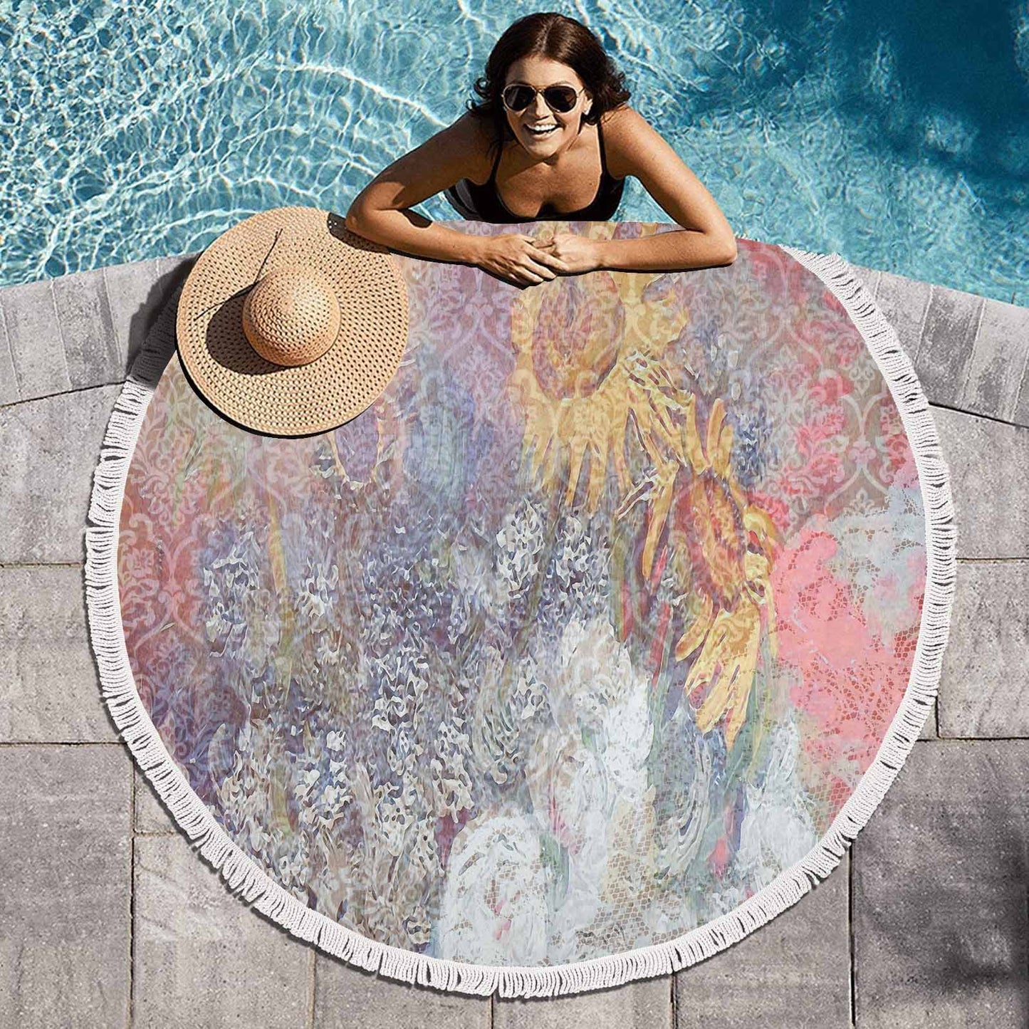 Vintage Floral circular plush beach towel, fringe edges, Design 54x