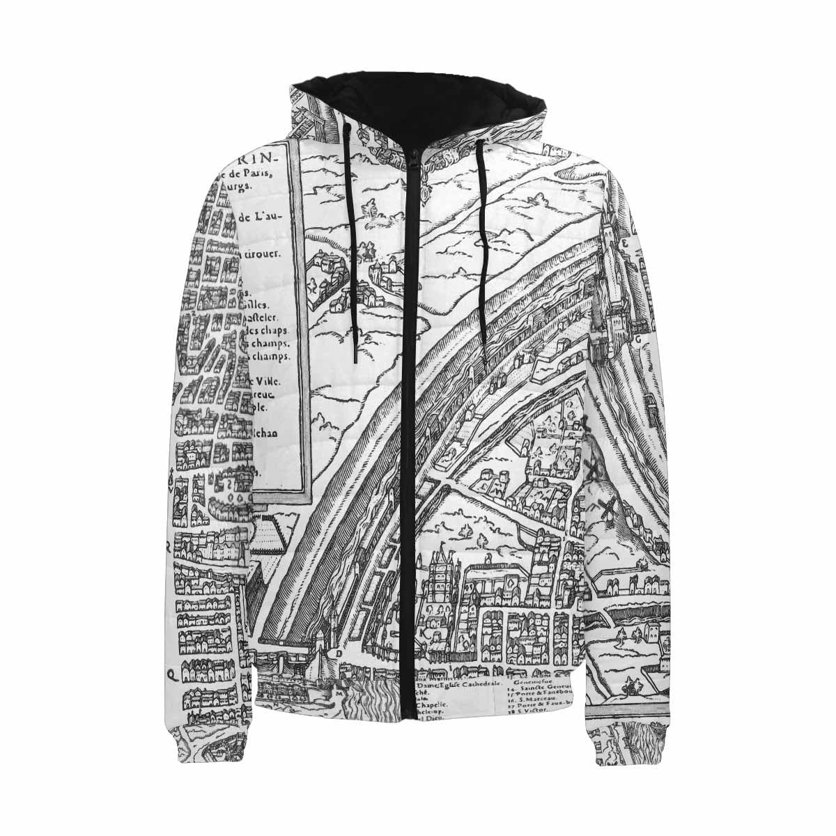 Antique Map design, mens lightweight, warm, quilted hooded bomber jacket, design, 47