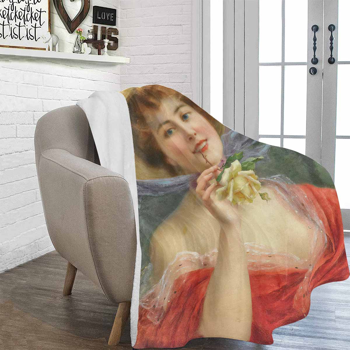 Victorian Lady Design BLANKET, LARGE 60 in x 80 in, Young Girl With A Rose