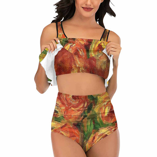 Vintage floral high waisted flounce top bikini, swim wear, Design 18