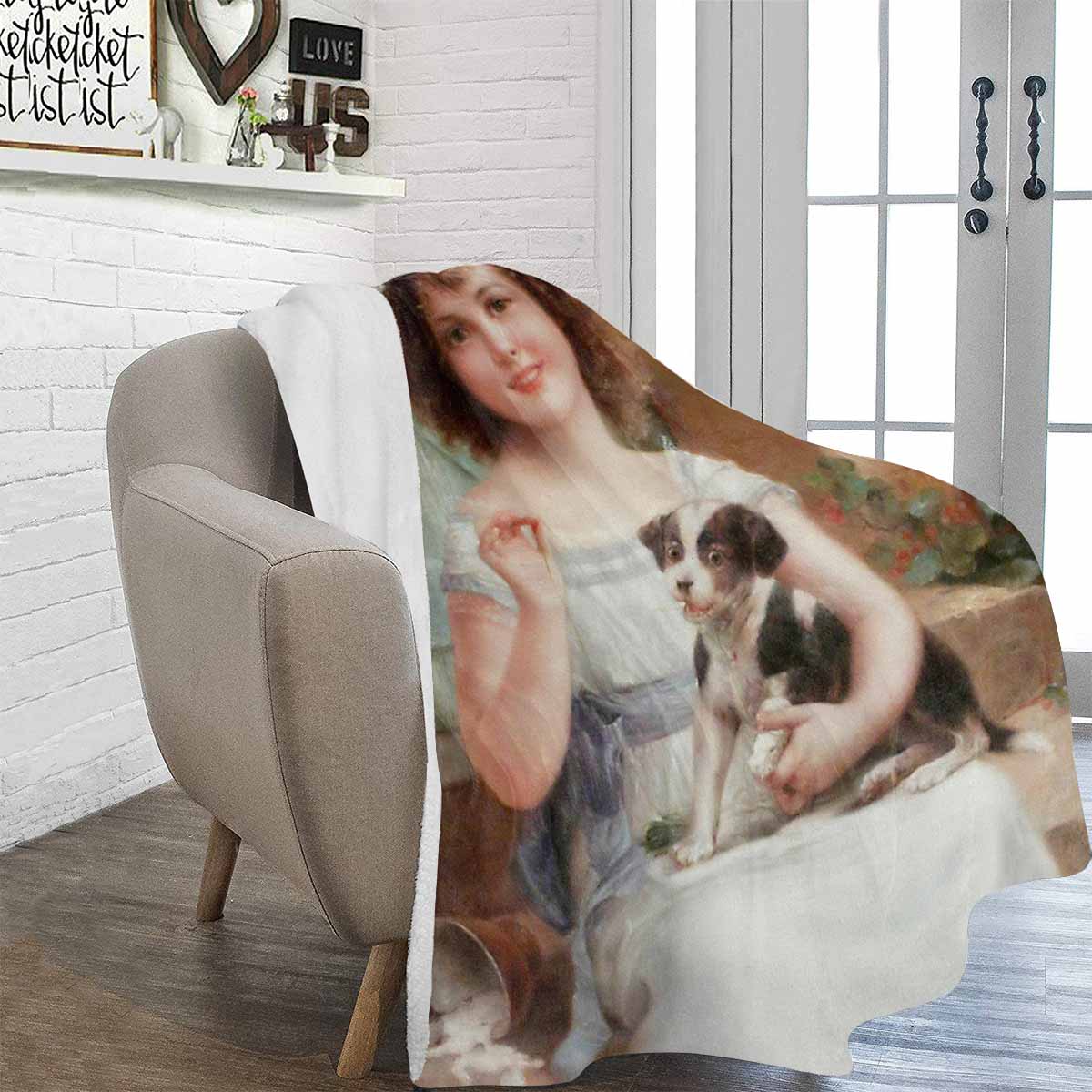 Victorian Girl Design BLANKET, LARGE 60 in x 80 in, Waiting for the Vet