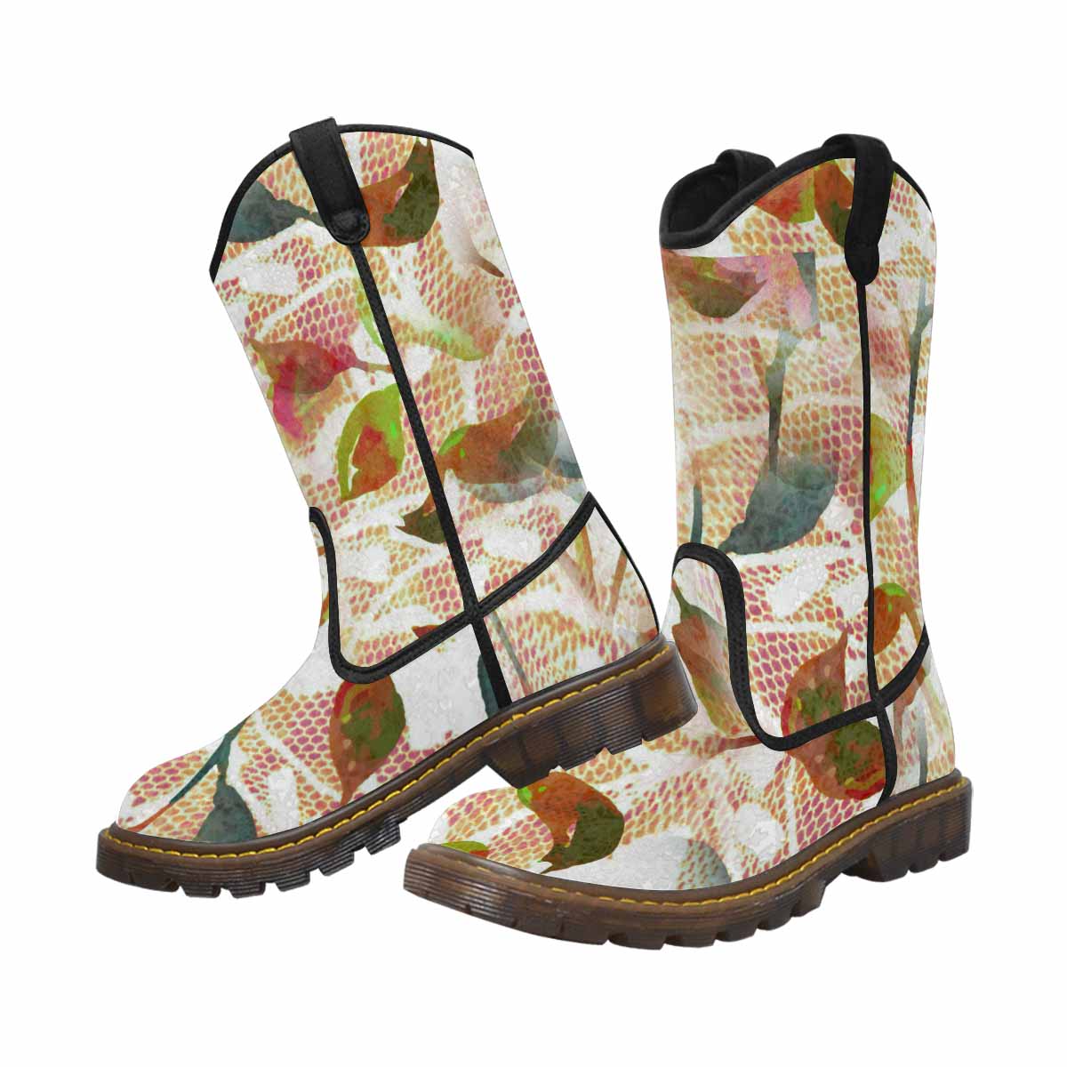 Victorian lace print, western lumber boots, design 52