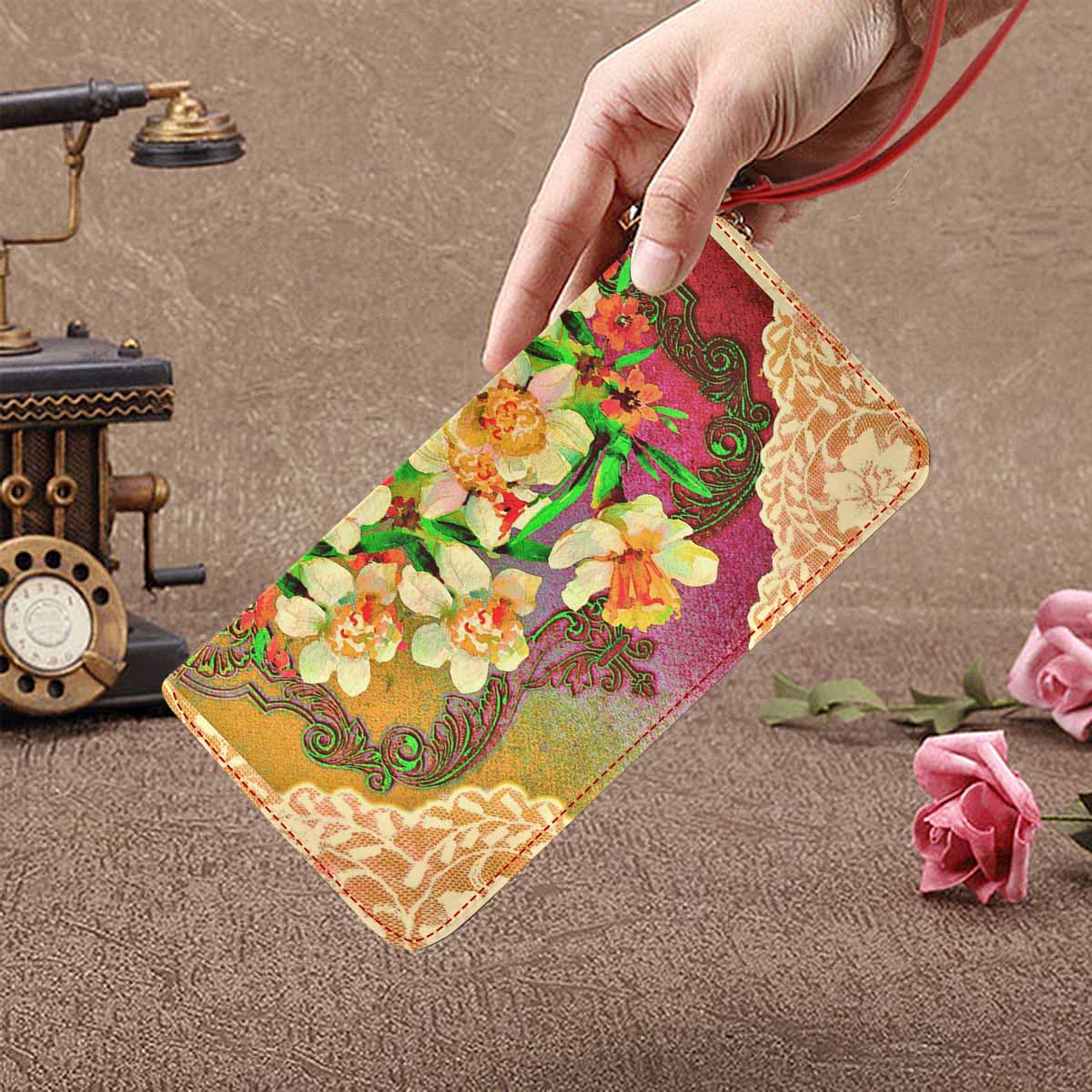 Victorian lace print womens wallet, clutch purse, red trim, design 48