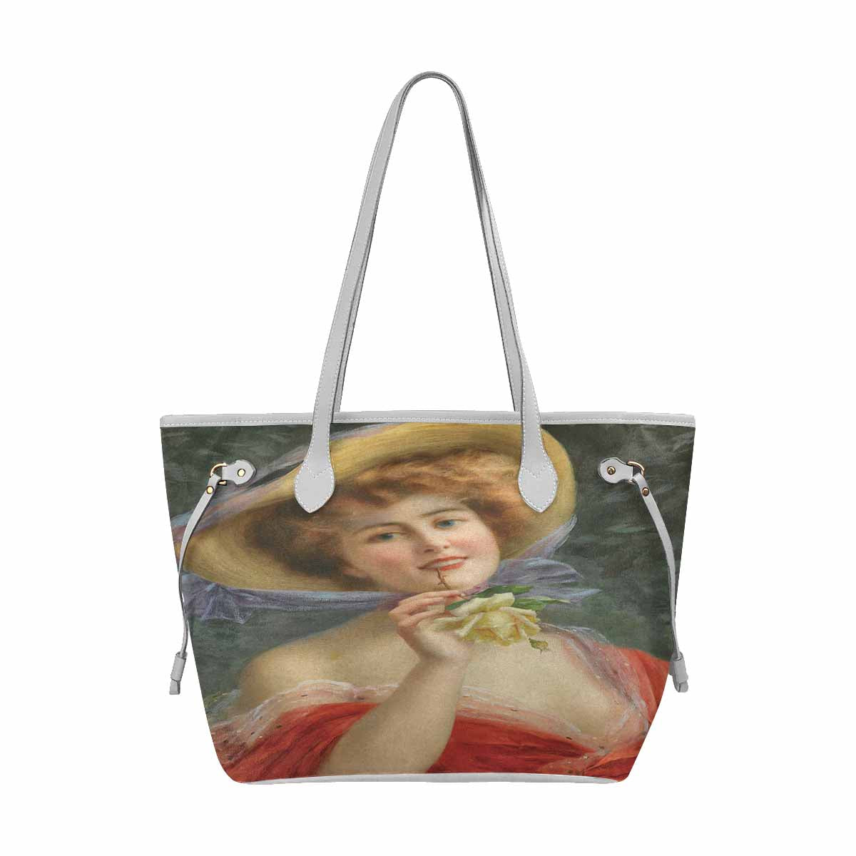 Victorian Lady Design Handbag, Model 1695361, Young Girl With A Rose, WHITE TRIM
