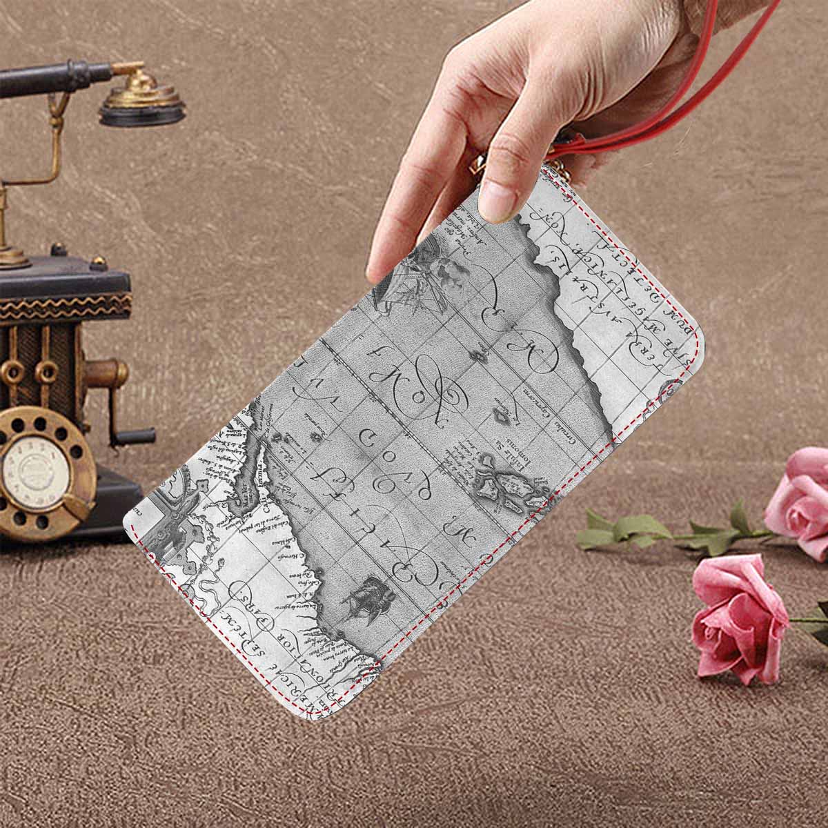 Antique Map design , womens wallet, clutch purse, Red TrimDesign 44