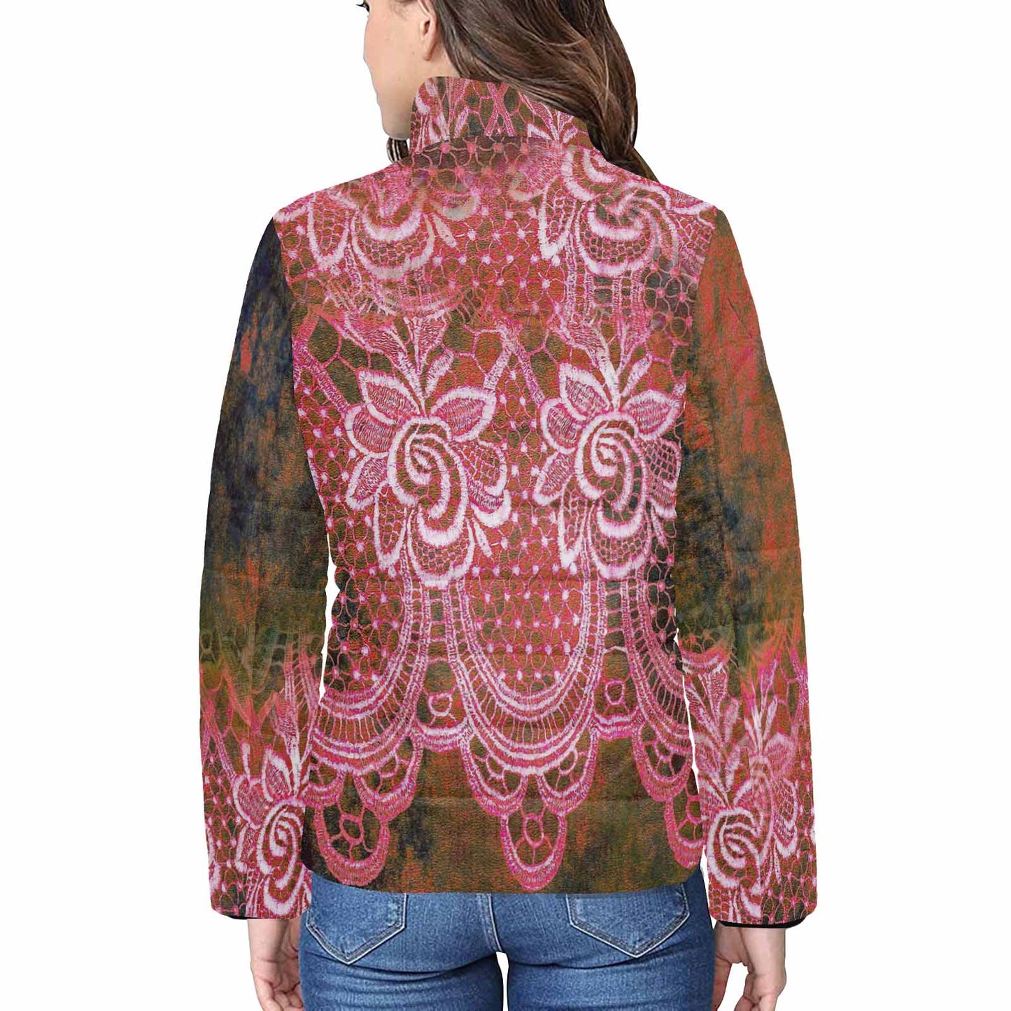 Victorian Lace print womens padded quilted jacket, design 32