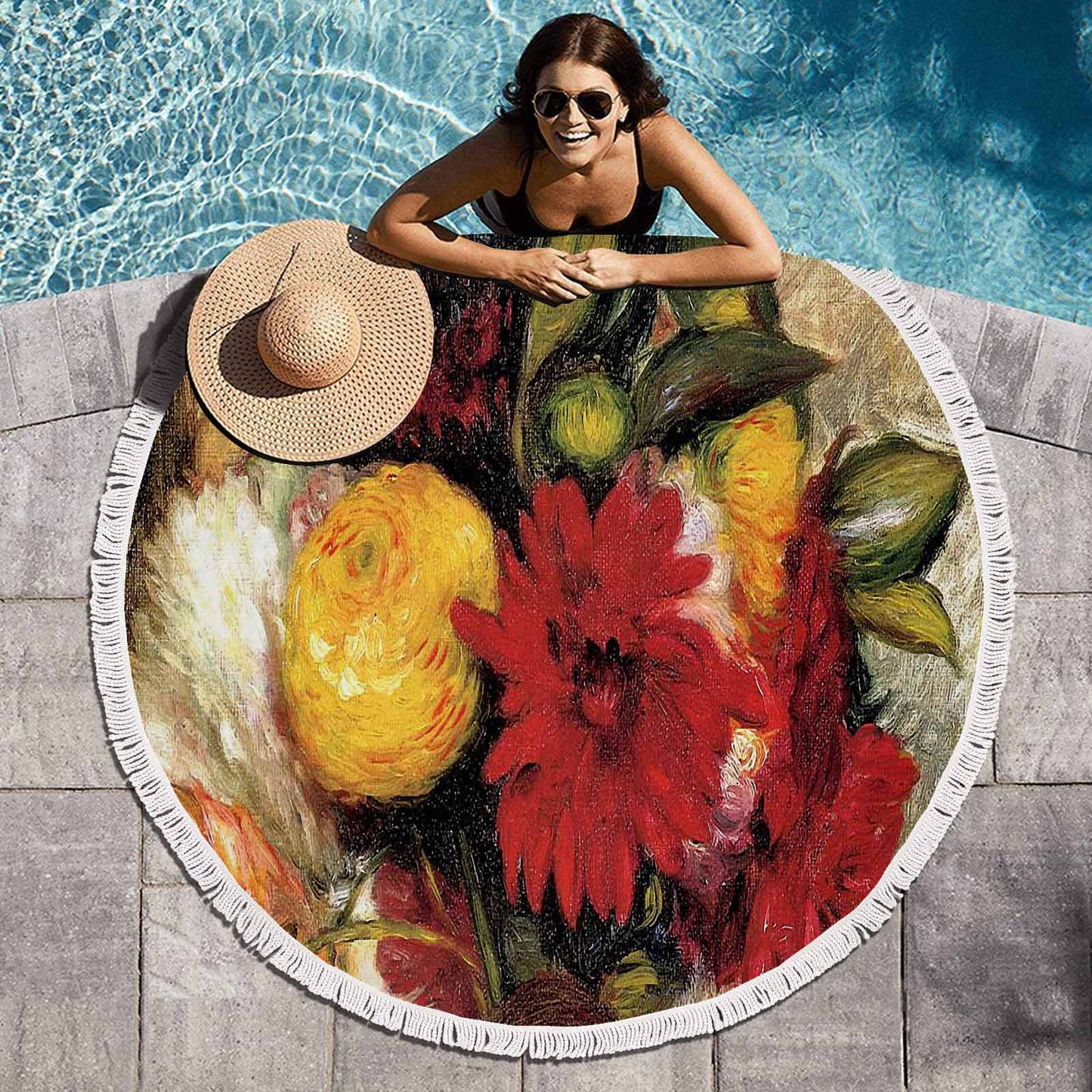 Vintage Floral circular plush beach towel, fringe edges, Design 25