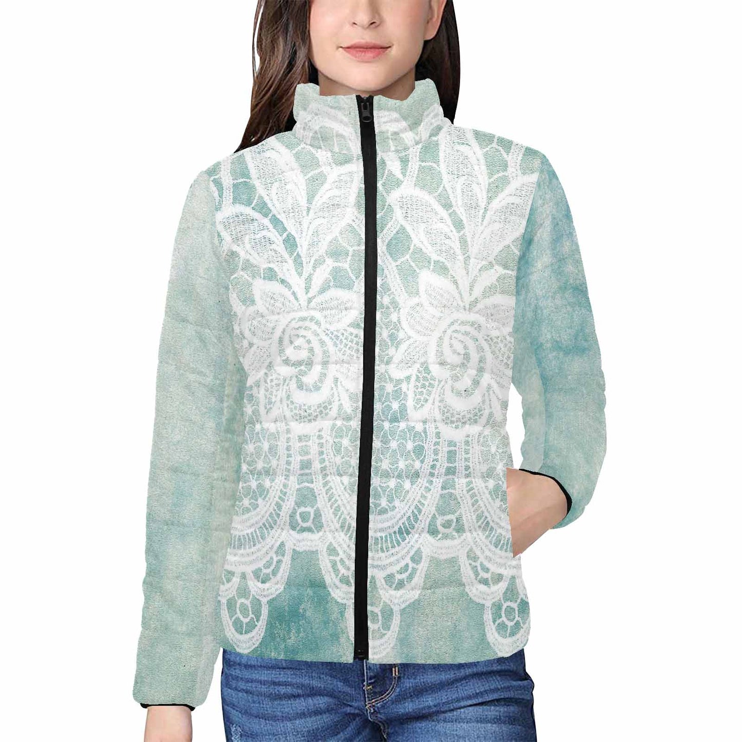 Victorian Lace print womens padded quilted jacket, design 41