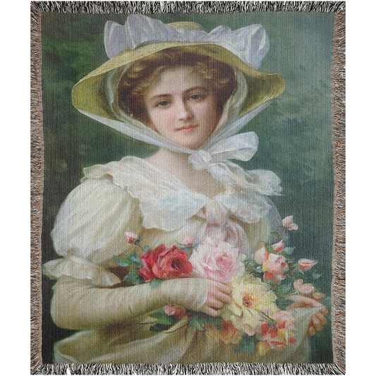 100% cotton Victorian Lady design design woven blanket, 50 x 60 or 60 x 80in, Elegant Lady with a Bouquet of Roses 1