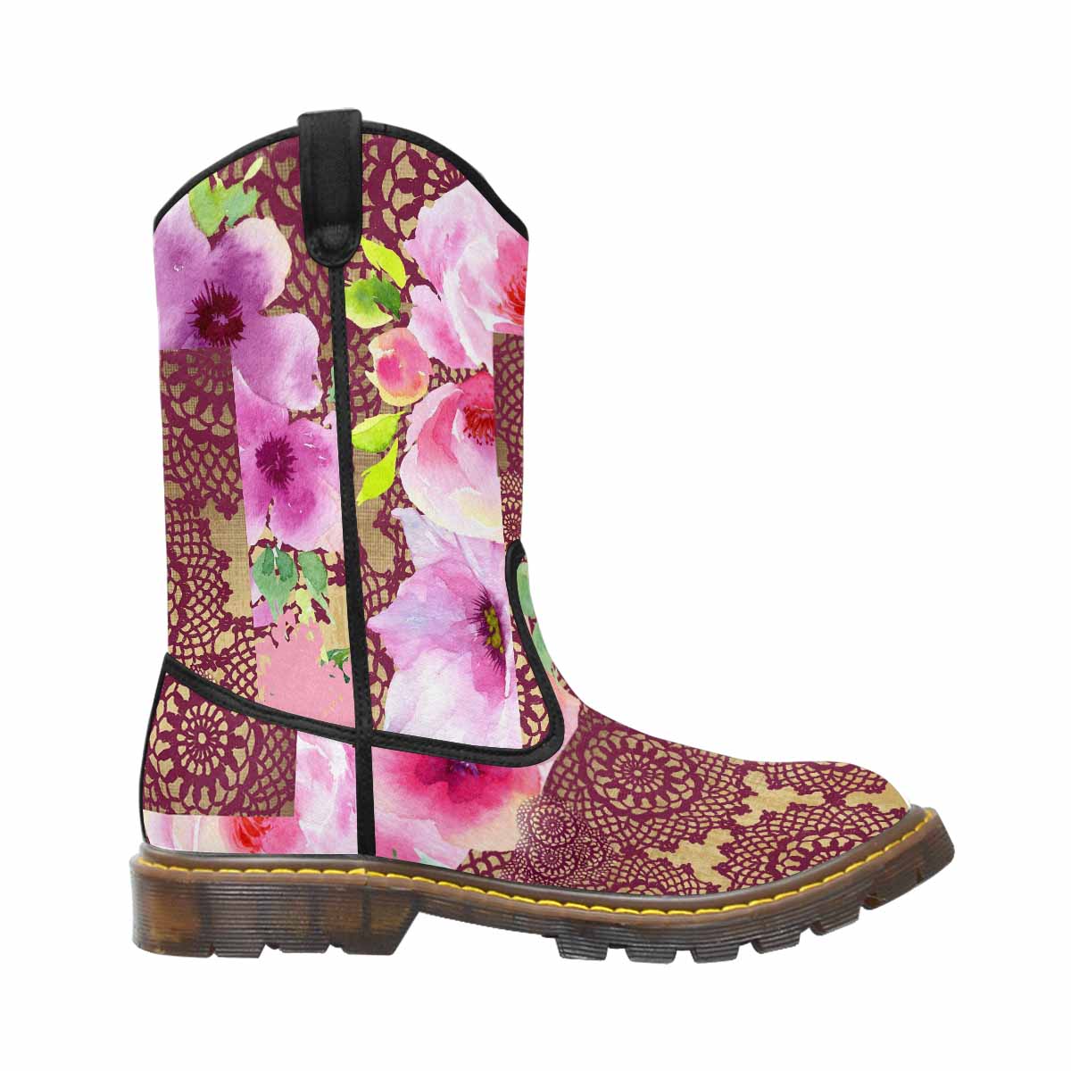 Victorian lace print, western lumber boots, design 13