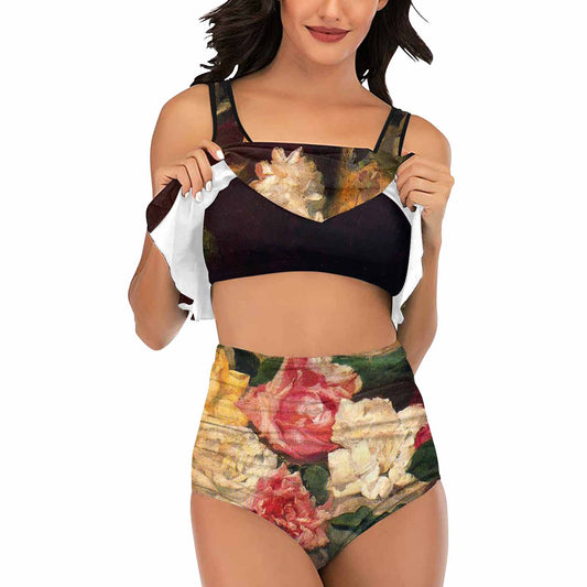 Vintage floral high waisted flounce top bikini, swim wear, Design 37
