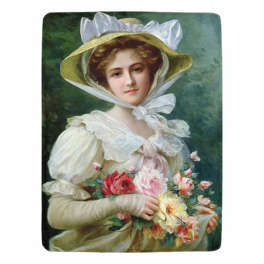 Victorian Lady Design BLANKET, LARGE 60 in x 80 in, Elegant Lady With A Bouquet Of Roses 1
