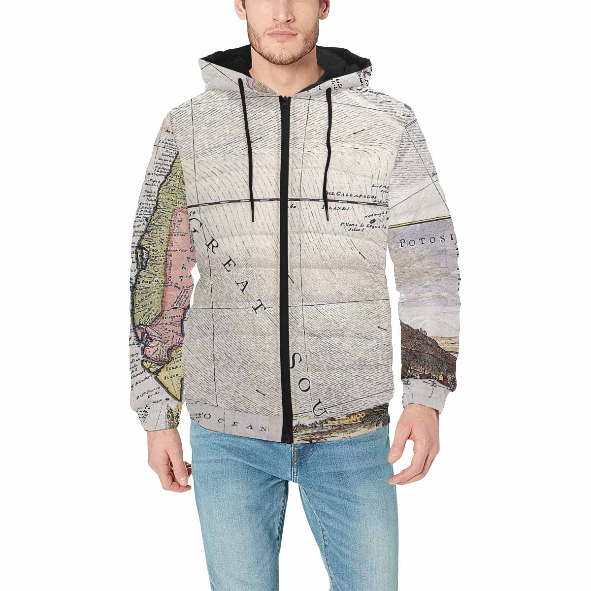 Antique Map design, mens lightweight, warm, quilted hooded bomber jacket, design, 40