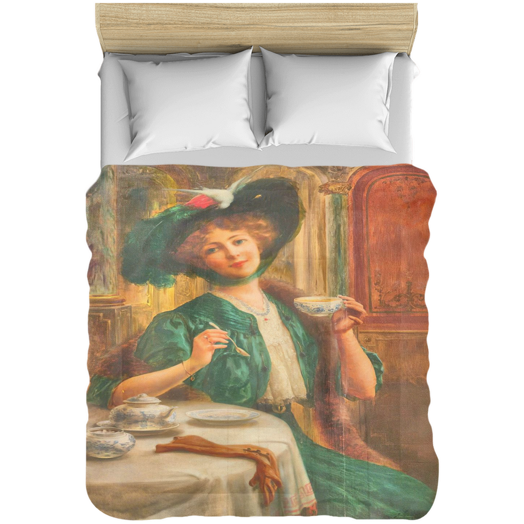 Victorian lady design comforter, twin, twin XL, queen or king, lady in green