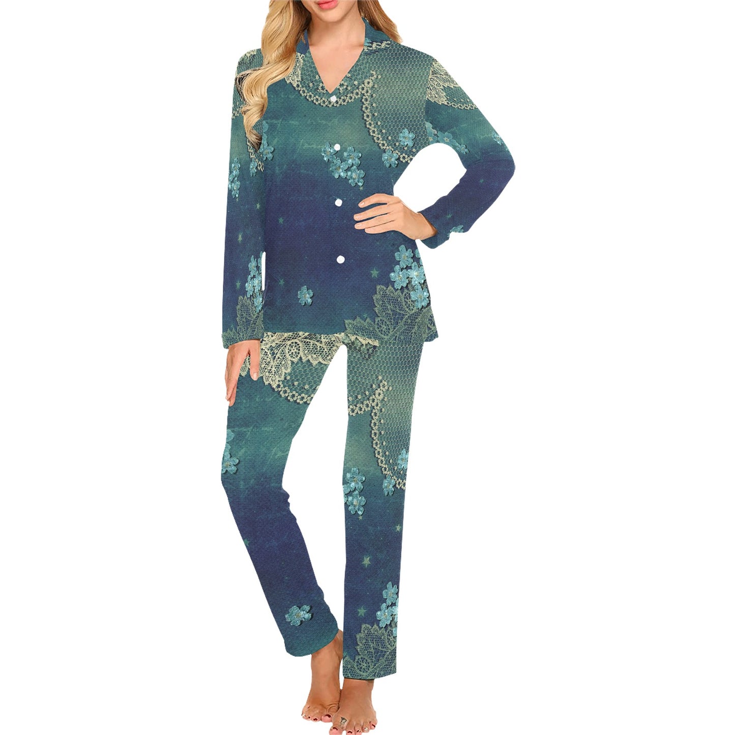 Victorian printed lace pajama set, design 04 Women's Long Pajama Set (Sets 02)