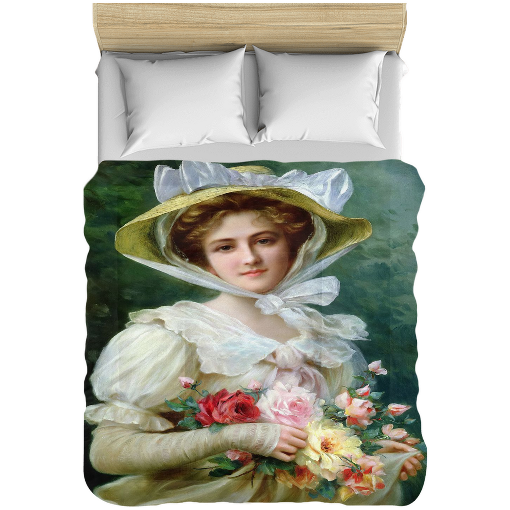 Victorian lady design comforter, twin, twin XL, queen or king, Elegant Lady with a Bouquet of Roses 1