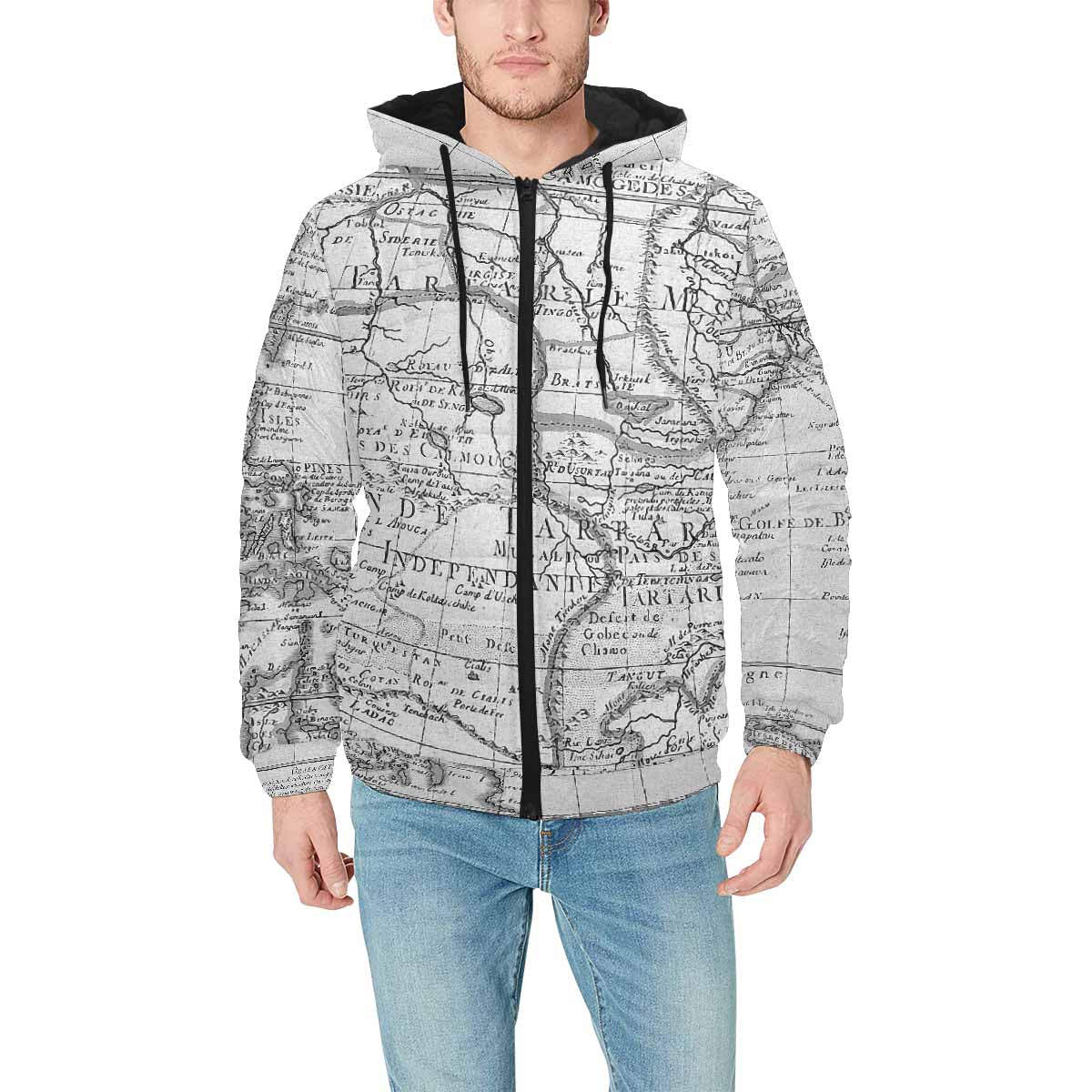 Antique Map design, mens lightweight, warm, quilted hooded bomber jacket, design, 8