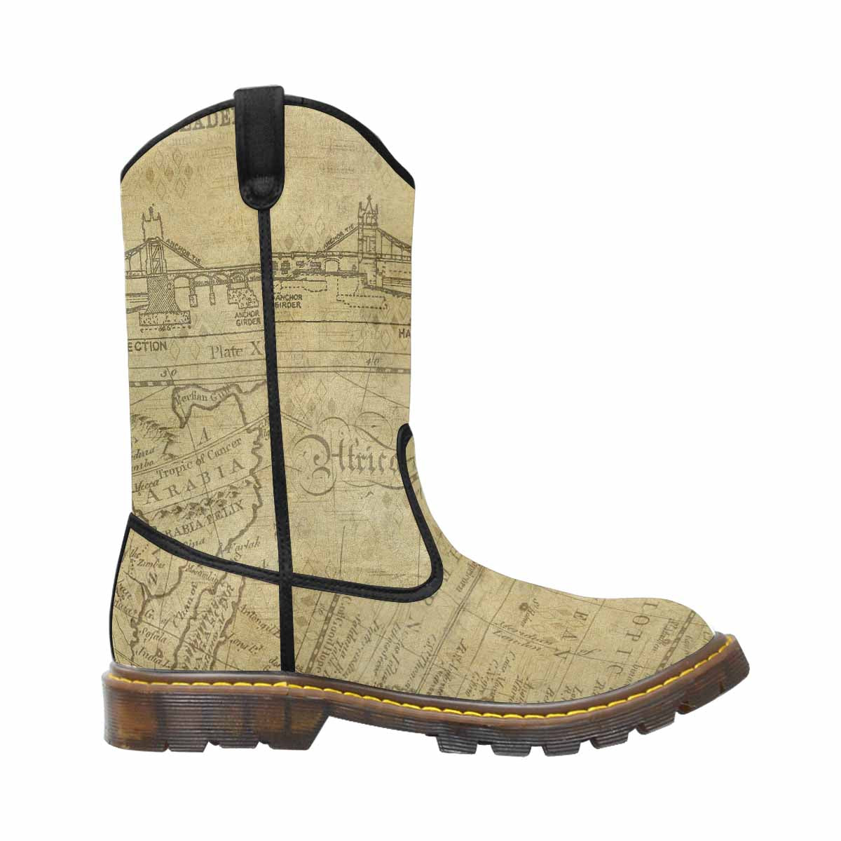Antique Map design womens western lumber boots, Design 1