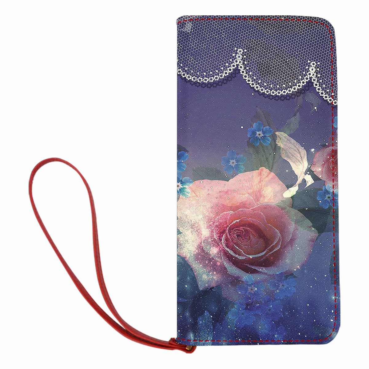 Victorian lace print womens wallet, clutch purse, red trim, design 02