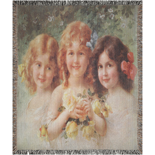 100% cotton Victorian Girls design woven blanket, 50 x 60 or 60 x 80in, THREE SISTERS