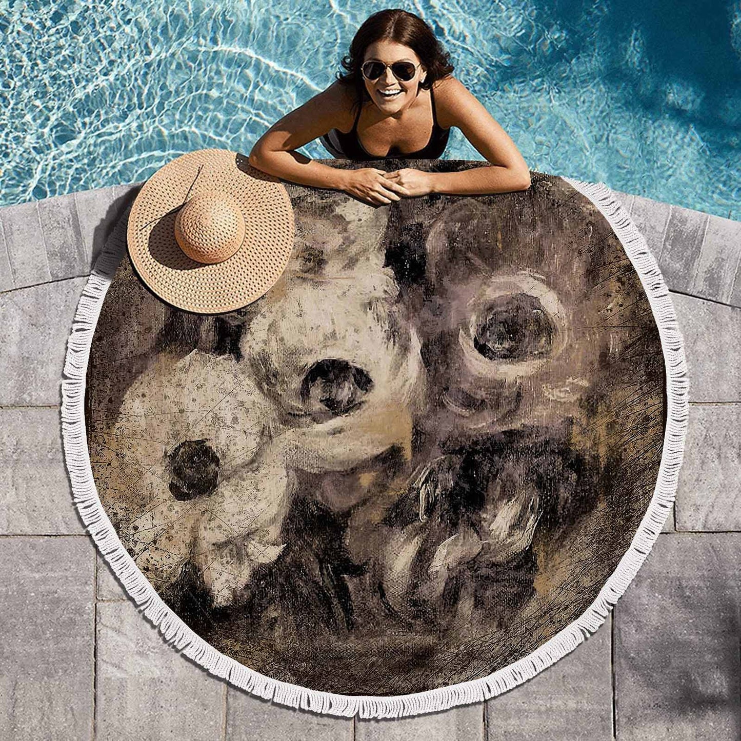 Vintage Floral circular plush beach towel, fringe edges, Design 16