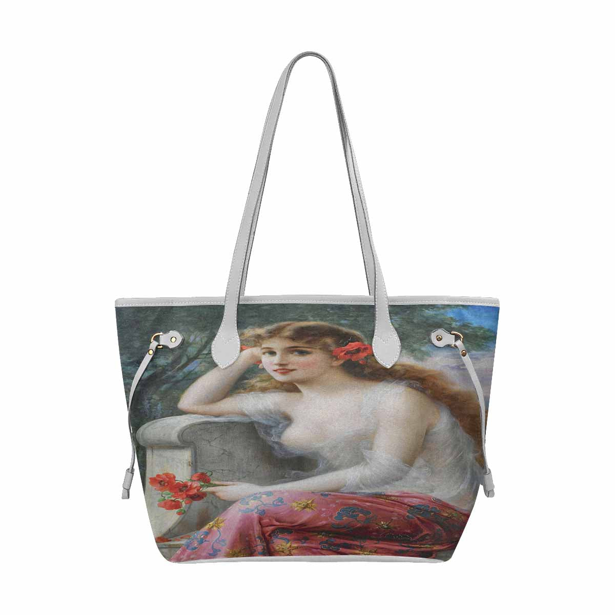Victorian Lady Design Handbag, Model 1695361, Young Beauty With Poppies, WHITE TRIM