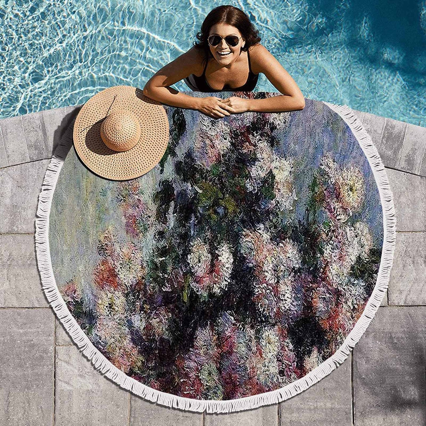 Vintage Floral circular plush beach towel, fringe edges, Design 44