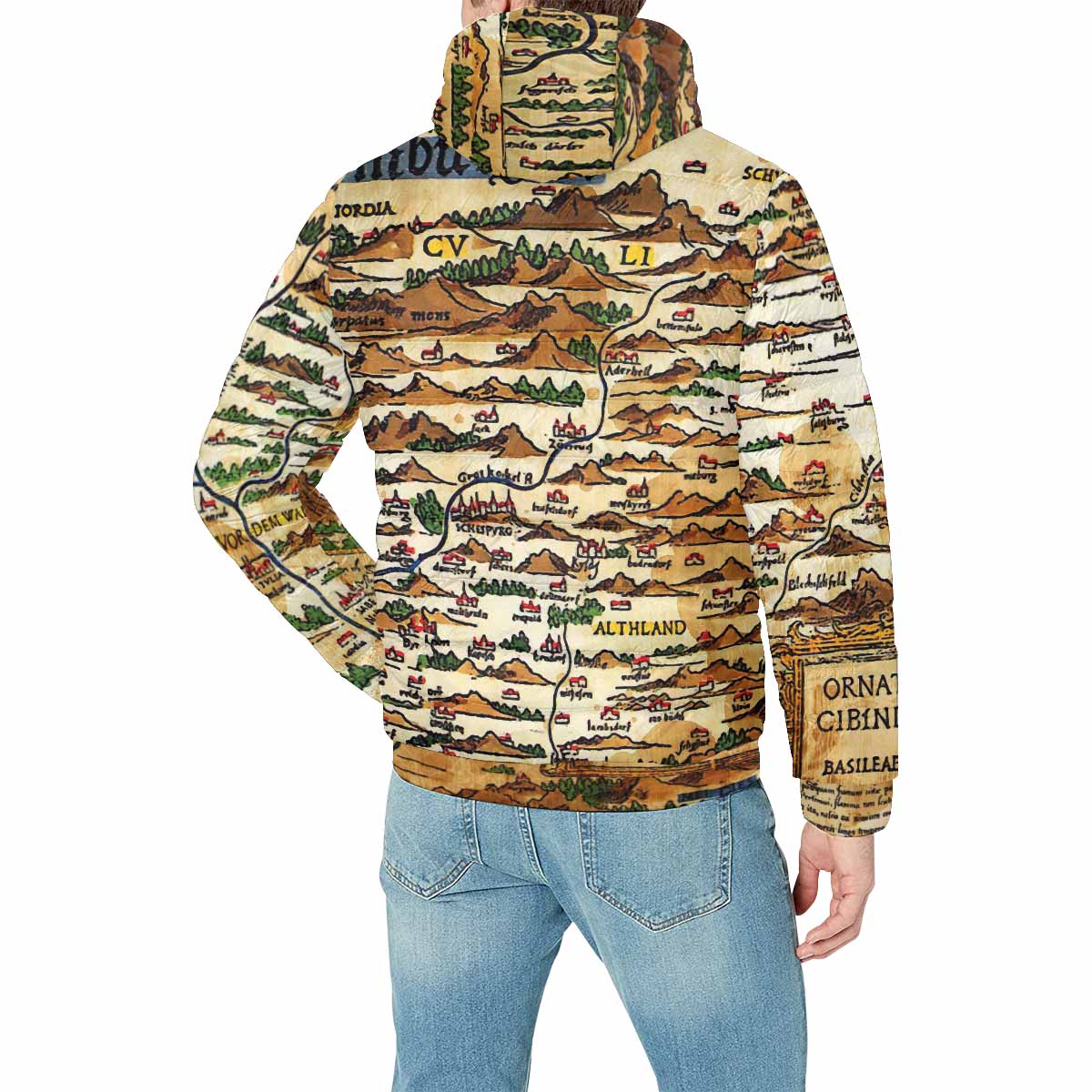 Antique Map design, mens lightweight, warm, quilted hooded bomber jacket, design, 48