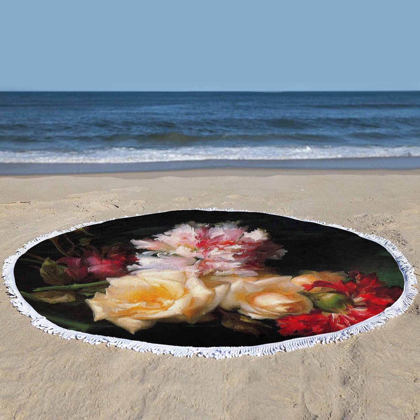 Vintage Floral circular plush beach towel, fringe edges, Design 30