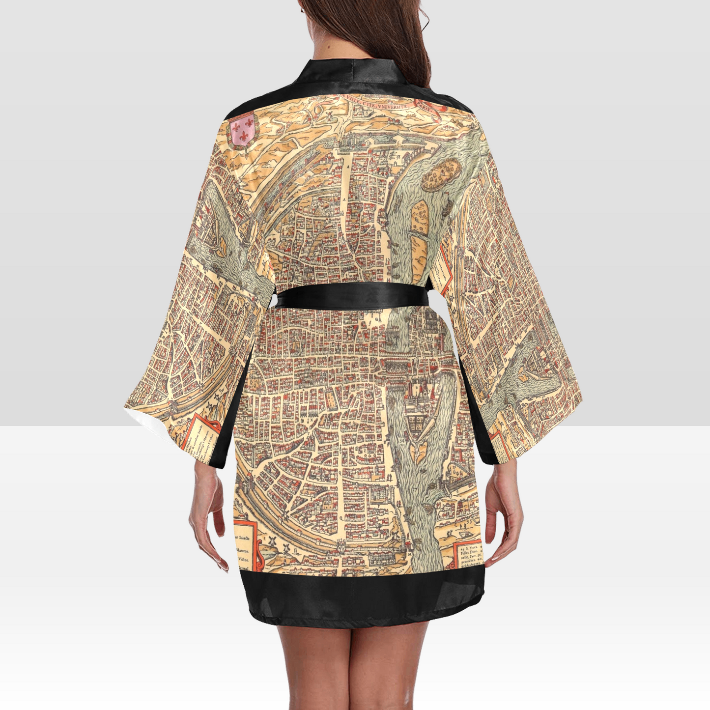 Antique Map Kimono Robe, Black or White Trim, Sizes XS to 2XL, Design 49