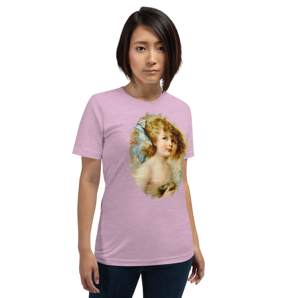 Victorian girl print t shirt, unisex, Girl Holding a nest, pastel & bright colors, Size XS to 5XL plus size
