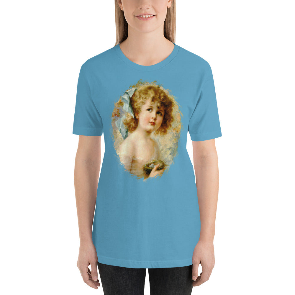Victorian girl print t shirt, unisex, Girl Holding a nest, pastel & bright colors, Size XS to 5XL plus size