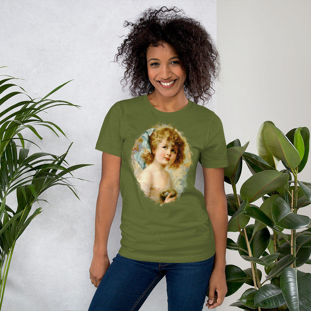 Victorian girl print t shirt, unisex, Girl Holding a nest, dark colors, Size XS to 5XL plus size