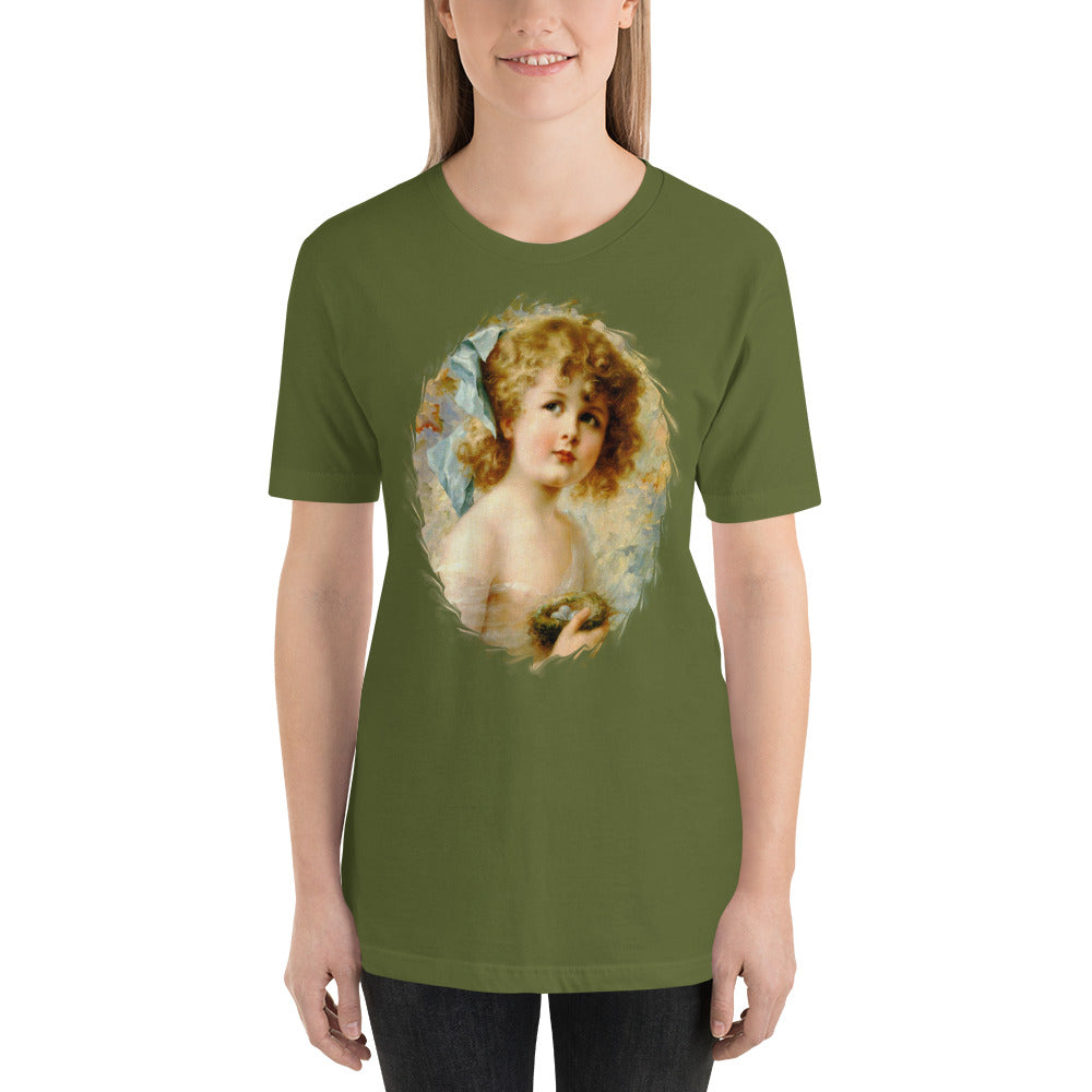 Victorian girl print t shirt, unisex, Girl Holding a nest, dark colors, Size XS to 5XL plus size
